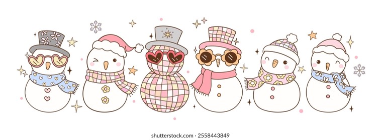 Draw vector banner funny groovy snowman For pastel christmas winter new year Doodle cartoon style