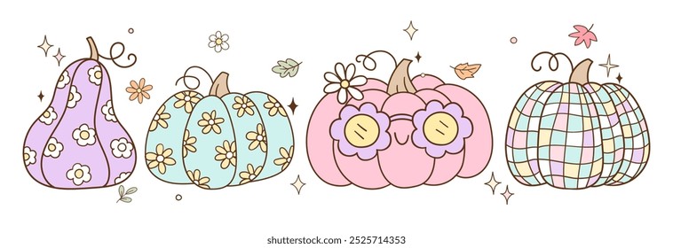 Vektorbanner zeichnen groovy Pastellkürbis für Herbst Herbst Saison Sweet Retro Disco Doodle Cartoon-Stil