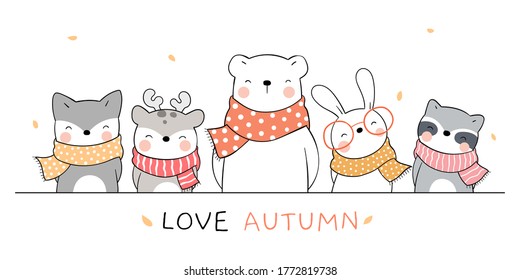 Draw vector banner happy animals for autumn season.Doodle cartoon style.