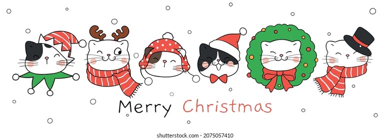 Draw vector banner happy face cats in snow for Christmas and New year Doodle cartoon style