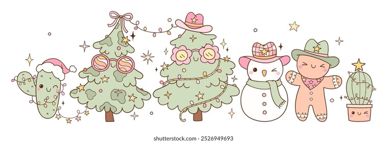 Draw vector banner howdy christmas Cow boy western concept Christmas tree Snowman Doodle cartoon style