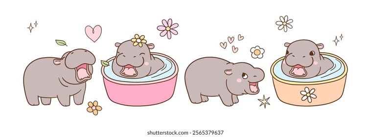 Draw vector banner illustration cute baby hippo Trendy animal Doodle cartoon style