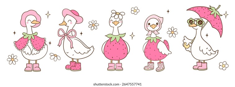 Draw vector banner illustration cute strawberry goose Pink summer Trendy animal Doodle cartoon style