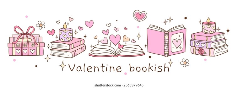Draw vector banner illustration pink valentine bookish Love reading Book lover Doodle cartoon style