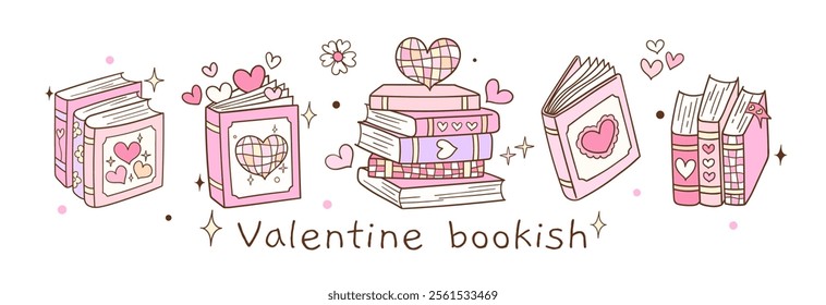 Draw vector banner illustration valentine bookish Love reading Book lover Doodle cartoon style