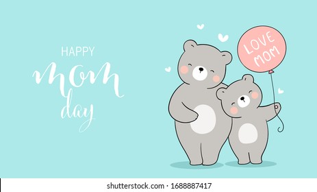 Draw vector banner mom bear and baby holding balloon.For mother'day.Doodle cartoon style.