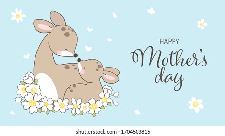 Draw vector banner mom deer and baby with beauty flower on blue color.For mother'day.Doodle cartoon style.