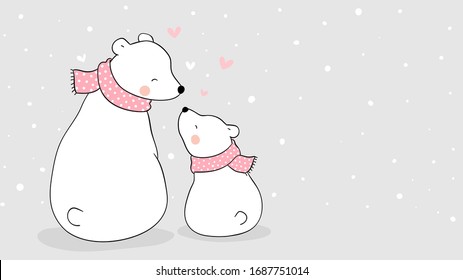 Draw vector banner mom polar bear and baby sitting in snow.For mother'day.Doodle cartoon style.