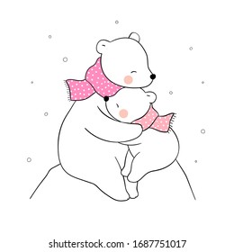Draw vector banner mom polar bear and baby hug with love.For mother'day.Doodle cartoon style.
