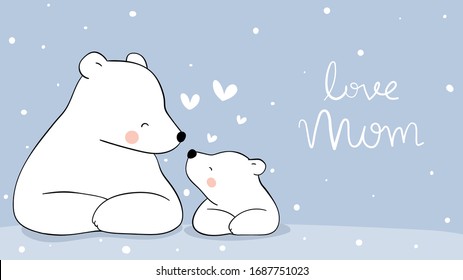 Draw vector banner mom polar bear and baby in snow.For mother'day.Doodle cartoon style.