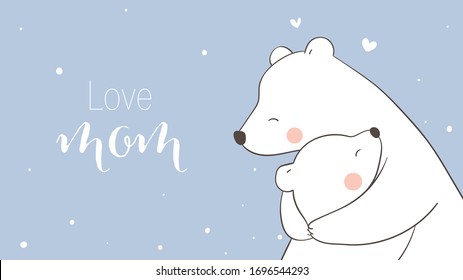 Draw vector banner mom polar bear and baby in snow on blue color.For mother'day.Doodle cartoon style.