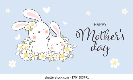 Draw vector banner mom rabbit and baby with beauty flower on blue color.For mother'day.Doodle cartoon style.