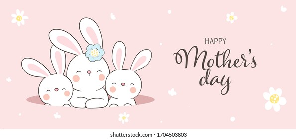 Dibuja banner vector mamá conejo y bebé lindo en pastel rosa. Para el día de la madre. Dibujo de caricaturas Doodle.