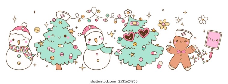 Draw vector banner pastel christmas nurse life Health care winter Christmas tree Snowman Doodle cartoon style