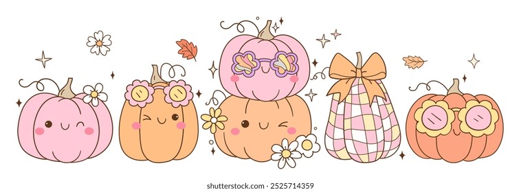 Draw vector banner pastel pumpkin for autumn halloween Fall season Girly pink color Doodle cartoon style