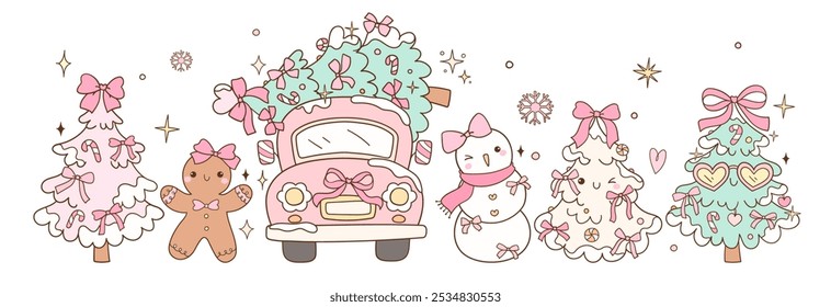 Dibujar el Anuncio de Vector rosa girly navidad Pastel invierno Año Nuevo Doodle estilo de dibujos animados