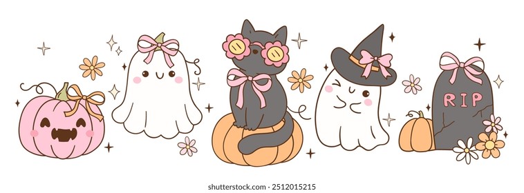 Draw vector banner pink halloween Pumpkin Ghost Trendy girly Doodle cartoon style