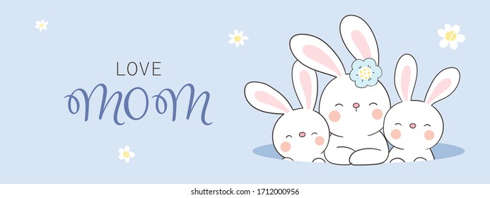 Draw vector banner rabbit and baby in hole on blue color.For mother'day.Doodle cartoon style.