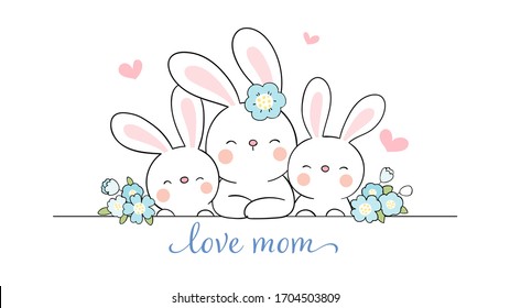 Draw vector banner rabbit and cute baby with beauty flower on white.For mother'day.Doodle cartoon style.