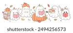 Draw vector banner sweet ghost reading book For halloween day Trendy girly Doodle cartoon style