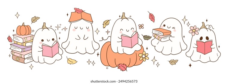 Dibuja el libro de lectura del fantasma dulce del Anuncio del Vector para el día de Halloween Estilo de dibujos animados femenino de moda Doodle