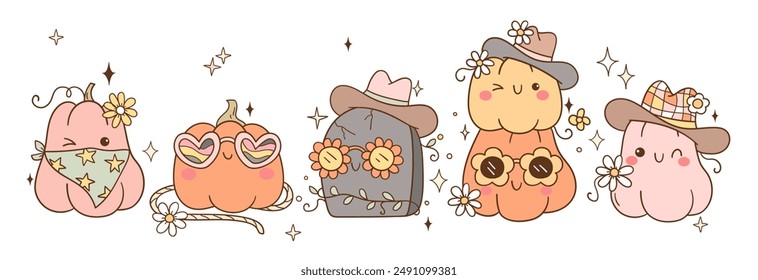 Draw vector banner western cowboy pumpkin For halloween day Trendy girly Doodle cartoon style