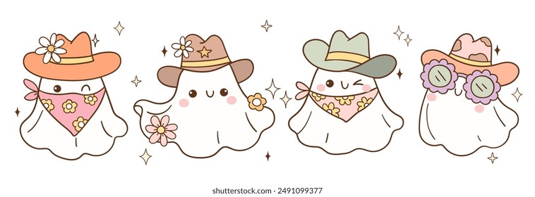 Draw vector banner western cowgirl ghost For halloween day Trendy girly Doodle cartoon style