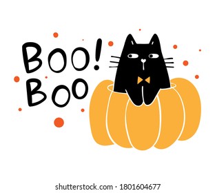 Draw vector black cat in pumpkin Halloween day isolated on white.For cutting Craft supplies.