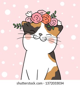 Draw vector cat with beauty flower on head in pink pastel.Isolated on white.Doodle cartoon style.