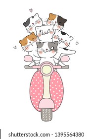 Draw vector cat driving scooter so funny.Isolated on white.Doodle cartoon style.