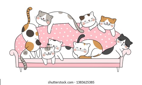 Draw vector cat sleep on pink sofa Isolated on white.Doodle cartoon style.