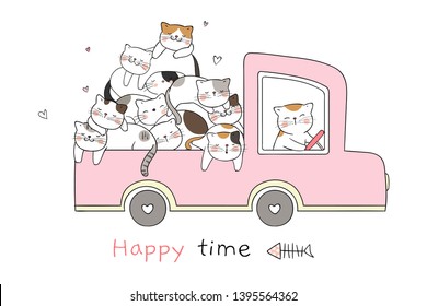 Draw vector cat sleeping in pink pastel car so happy.Isolated on white.Doodle cartoon style.