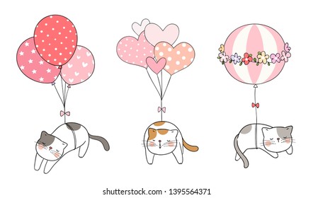 Draw vector cat sleeping with sweet balloon so happy.Isolated on white.Doodle cartoon style.