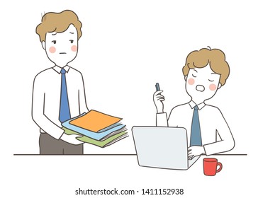 Draw vector character angry boss blaming at employee.Doodle cartoon style.