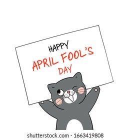 Draw vector character black cat holding board write April fool's day.Isolated on white.Doodle cartoon style.