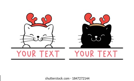 Draw vector character cat monogram frame.For Christmas and New year.Doodle cartoon style.