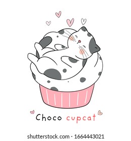 Draw vector character cat sleeping on cupcake.Isolated on white.Doodle cartoon style.