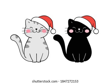 Draw vector character Christmas cat with party hat.For Christmas and New year.Doodle cartoon style.