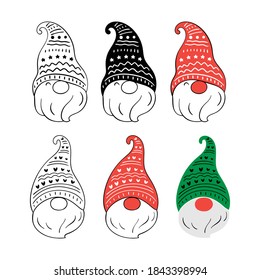 Draw vector character collection gnomes isolated on white.For Christmas and New year.Doodle cartoon style.