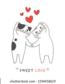 Draw vector character couple love of cat with red heart on white color for Valentine's day.Doodle cartoon style.