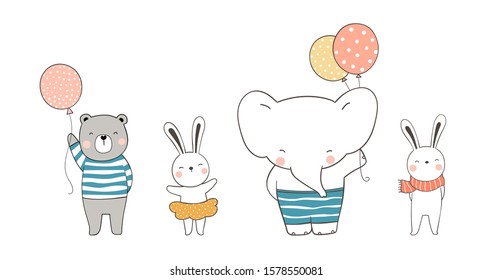 Draw vector character cute animals with balloons. Isolated on white. Doodle cartoon style.