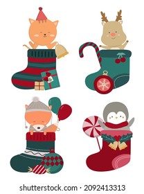 Draw vector character cute Christmas socks and stuffed animals inside. cat, reindeer, fox, penguin design element for invitation card, party, New Year's, Christmas, web, cards and publication