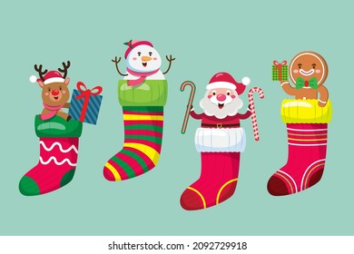 Draw vector character cute Christmas socks and stuffed inside. santa claus, reindeer, snowman, gingerbread design element for invitation card, party, New Year, Christmas, web, cards and publications