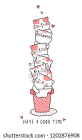 Draw Vector Character Design Adorable Cat In Ice Cream Cone Pink Pastel Color And Word Have A Good Time.Doodle Cartoon Style.