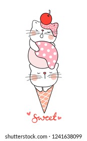 Draw vector character design adorable cat sleeping in ice cream cone.Isolated on white.Doodle cartoon style.