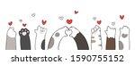 Draw vector character design banner cat paw with little heart for Valentine's day.Doodle cartoon style.
