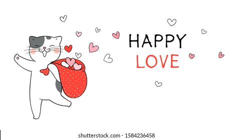 Draw vector character design banner of cat for Valentine's day on white.Love concept.Doodle cartoon style.