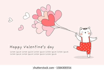 Draw vector character design banner of cat holding heart balloon for Valentine's day.Love concept.Doodle cartoon style.