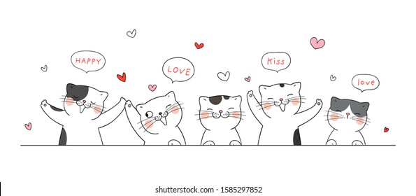 Draw vector character design banner of cat for Valentine's day.Love concept.Doodle cartoon style.