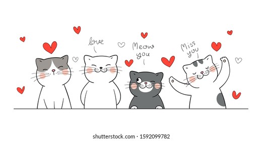 Draw vector character design banner cat with little heart for Valentine's day.So funny.Doodle cartoon style.